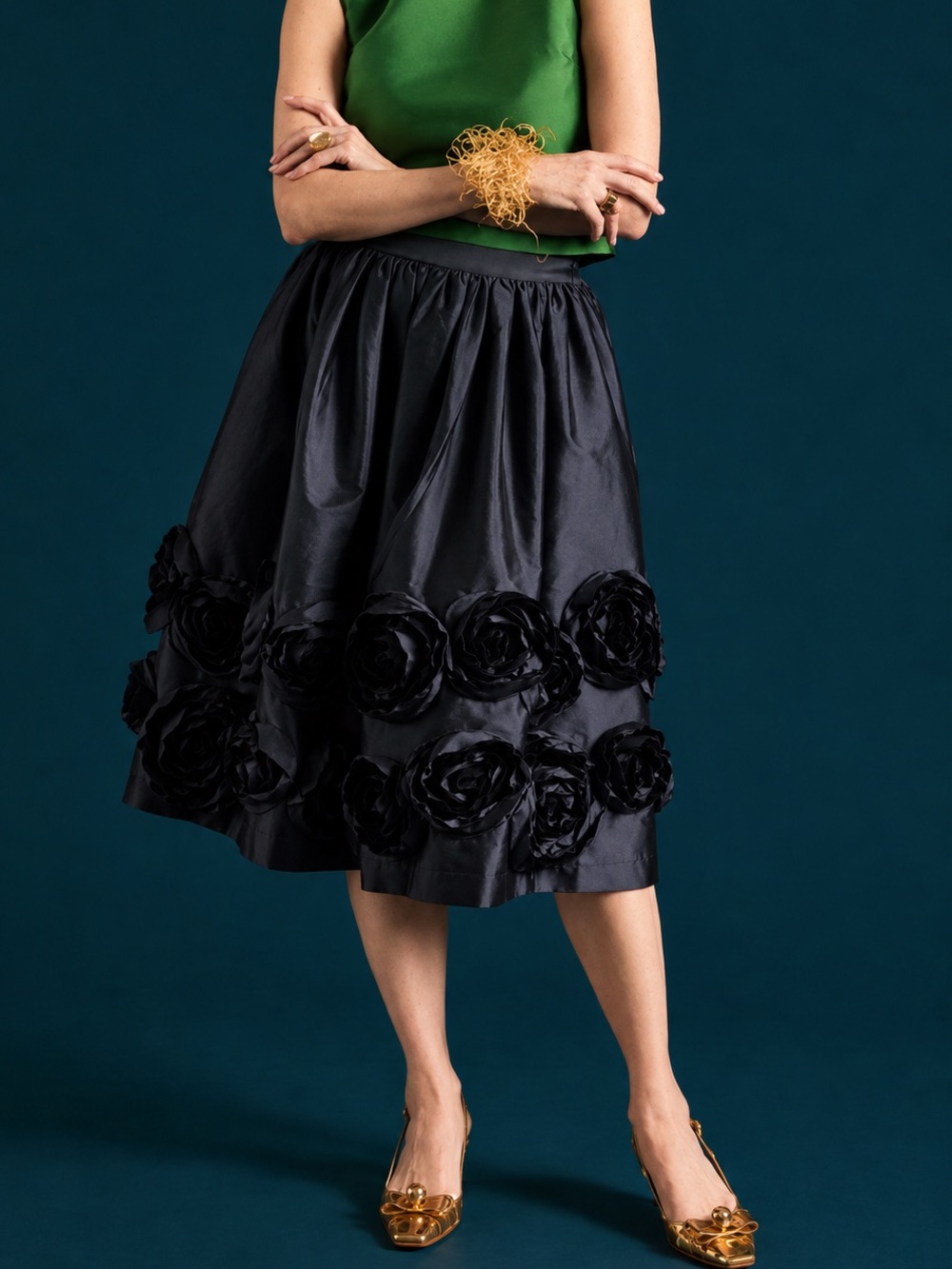 Frances Valentine Barbara Skirt with 3D Flowers Floral Applique Navy Large
